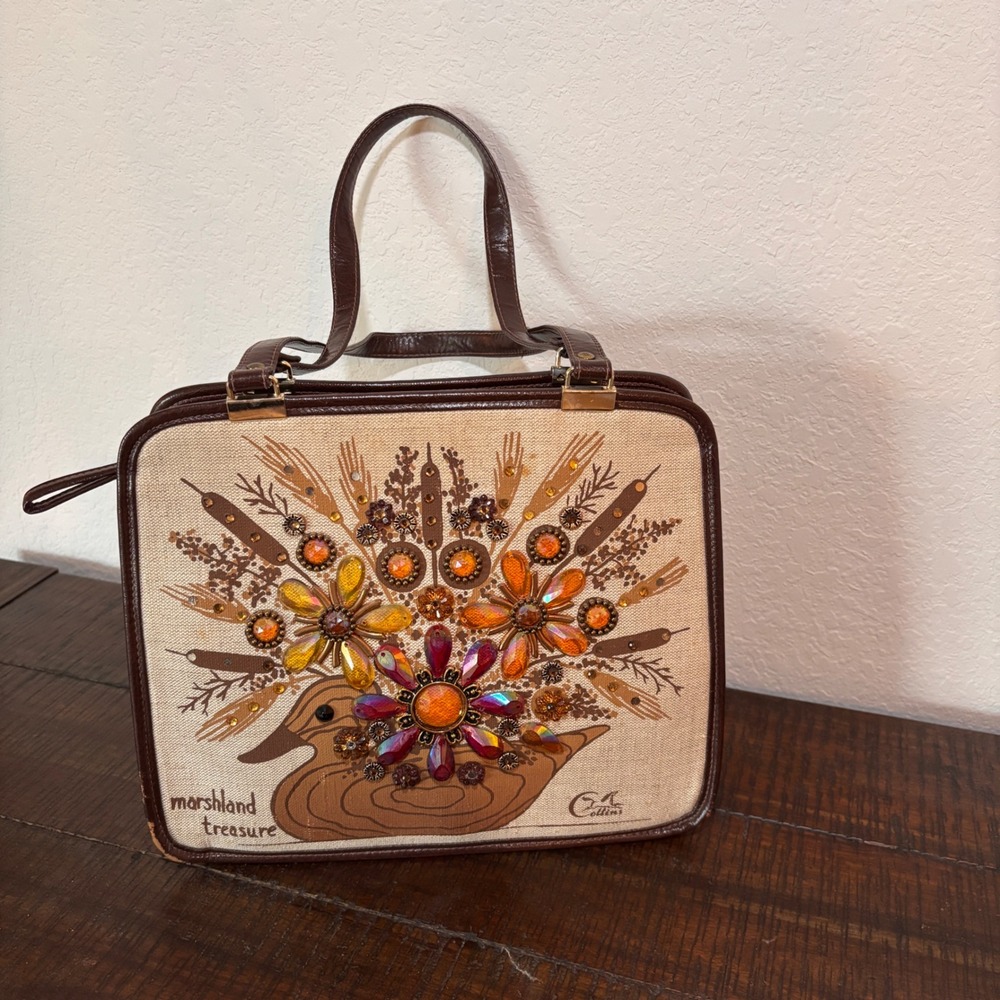 Enid Collins Handbag Marshland Treasure Medium Canvas Jeweled Brown Vintage 60s